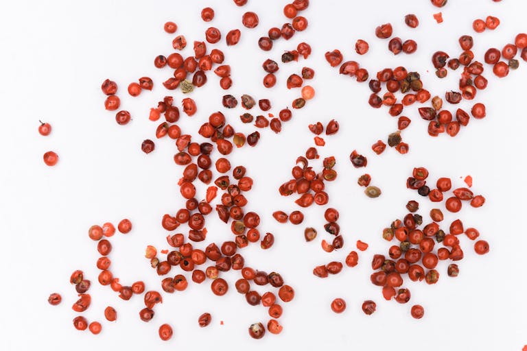 Top view of scattered red peppercorns isolated on a white background, showcasing texture and color contrast.